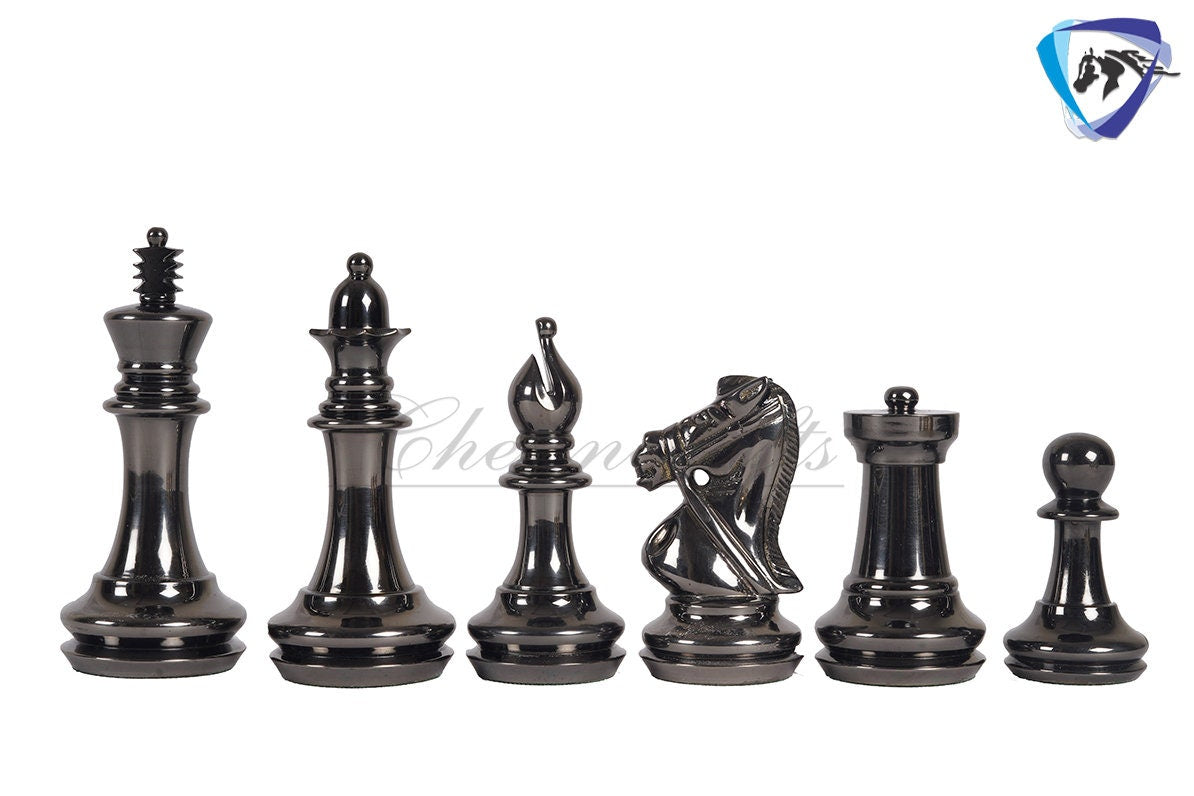 4" Brass Staunton chess pieces set BRIDLED Knight Gold & Black + 19" Ebonywood chess Board(sq:51mm)