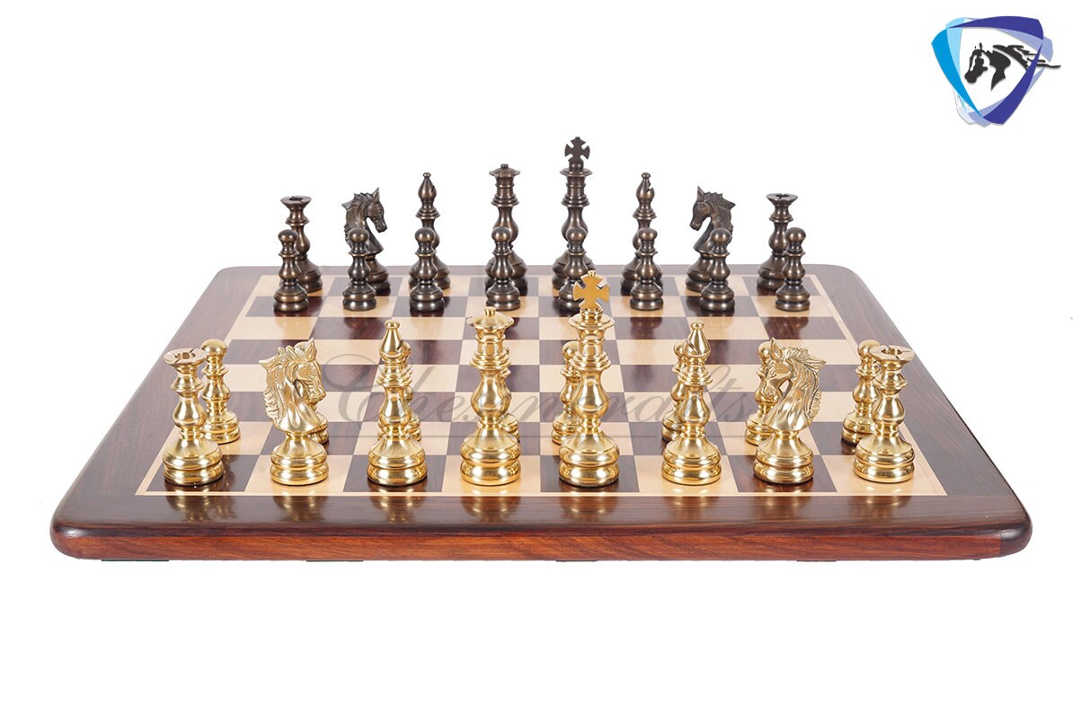 5" Brass Metal Chess Set Designer Spartan Collection - Gold & Antique Polish Brass Chess Pieces + 23" Rosewood(dark grain) Chess Board Combo