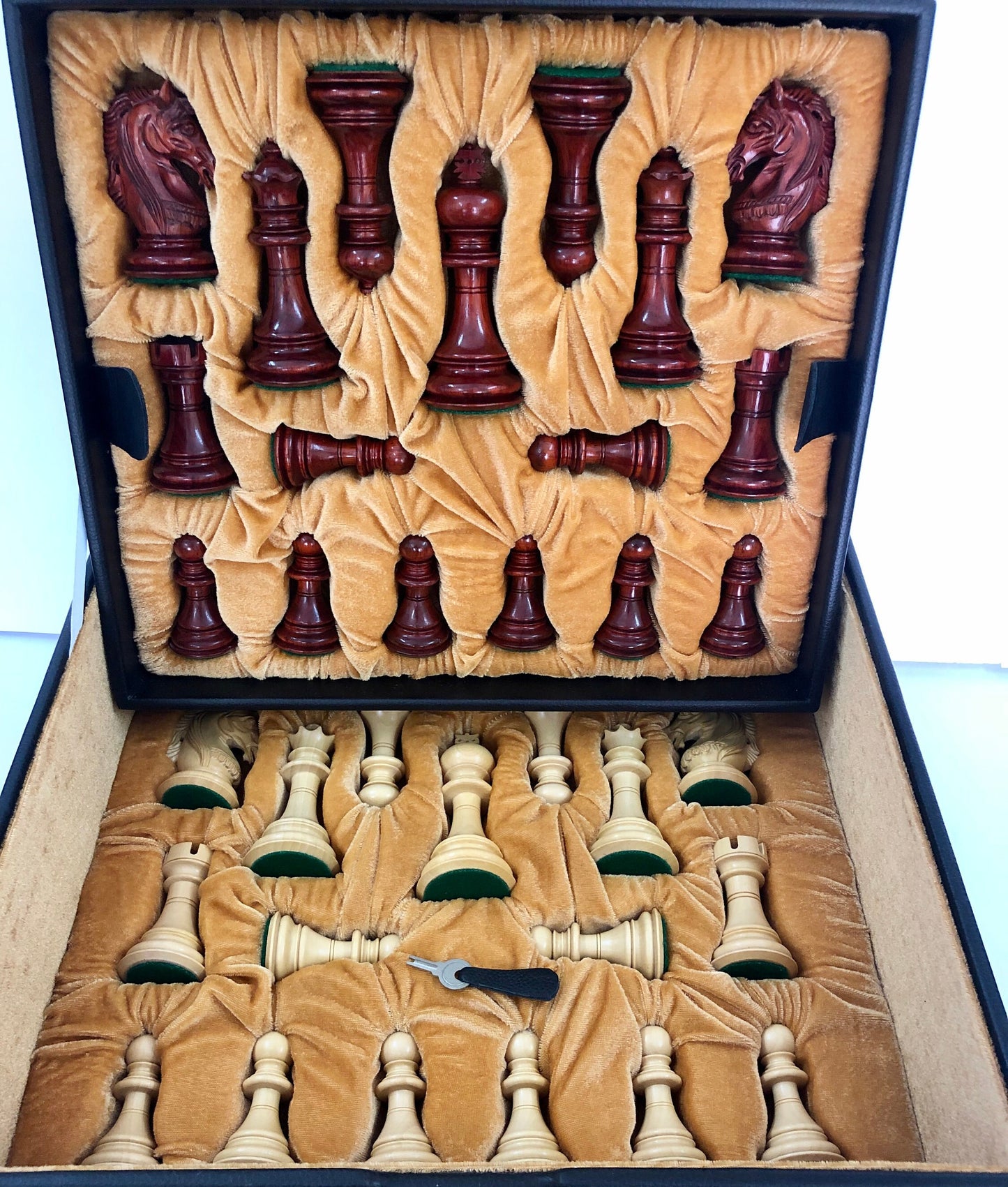 TAN BROWN Leatherette Coffer Storage box for Chess Pieces of king Height: 4.0" to 4.5"- 2 Trays, Velvet lining & Lock w/ handle.