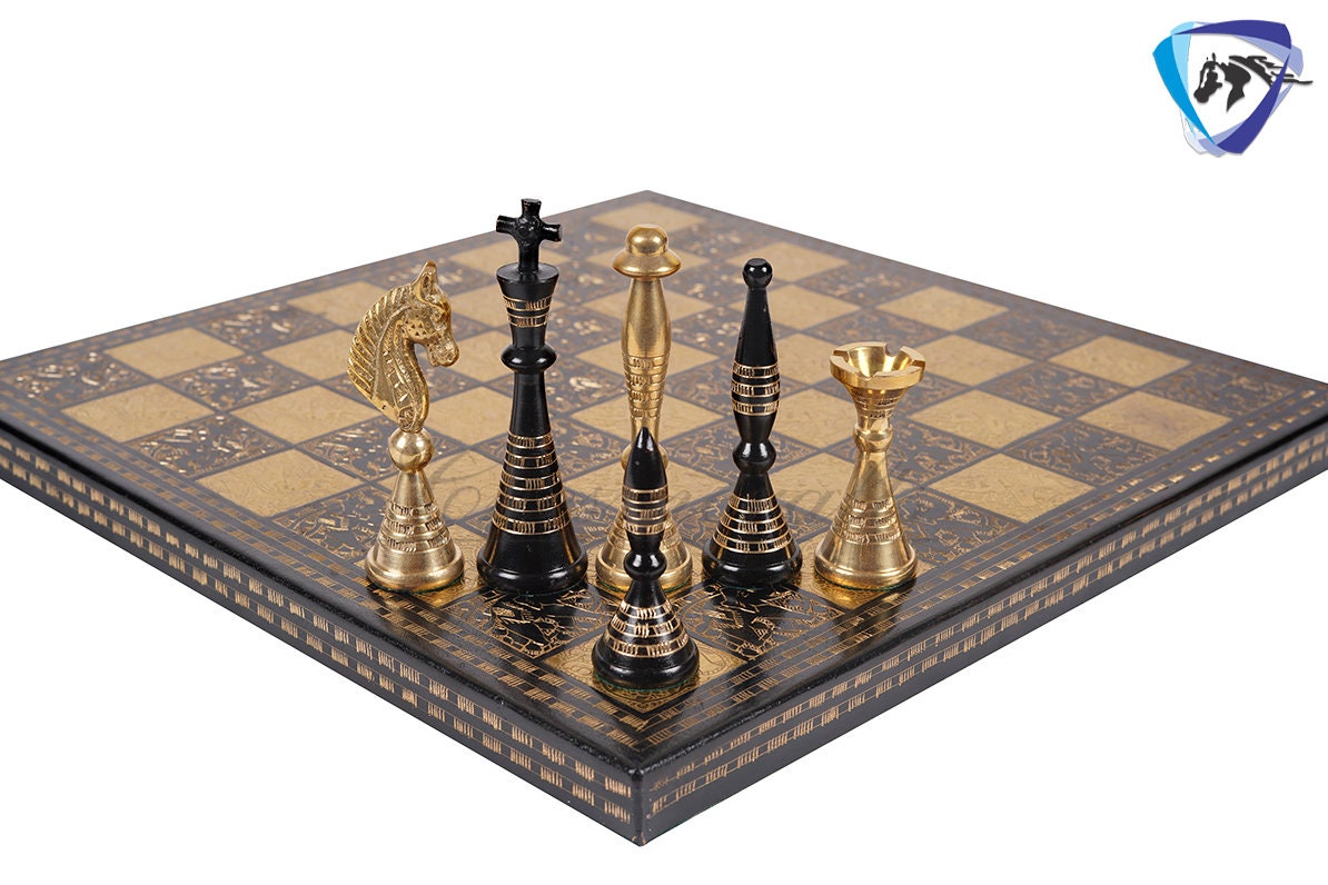 12" Solid Brass Metal Hand carved Chess set- Minar (Tower) chess men Carving with velvet storage box - Vintage Collector antique series