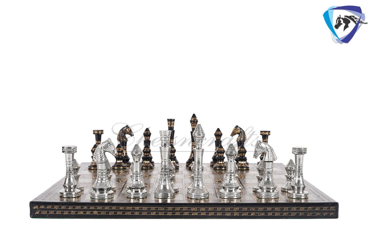 14" Solid Brass Metal Classic CONTEMPORARY Hand carved Chess set- Slim chess men Carving with velvet storage box - Brass chess board set