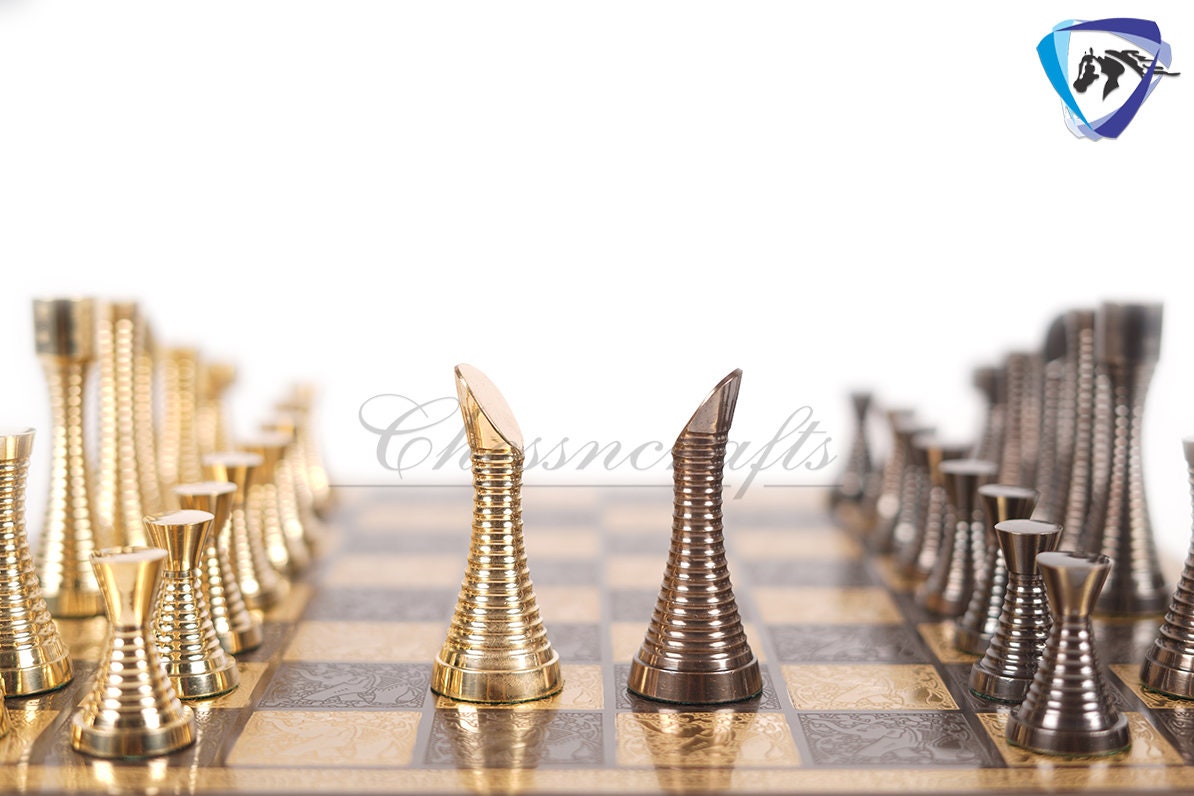 14" Solid Brass Metal Chess set- Slim Rings chess men Carved with velvet storage box - Vintage Collector antique set- Brass Chess board set.