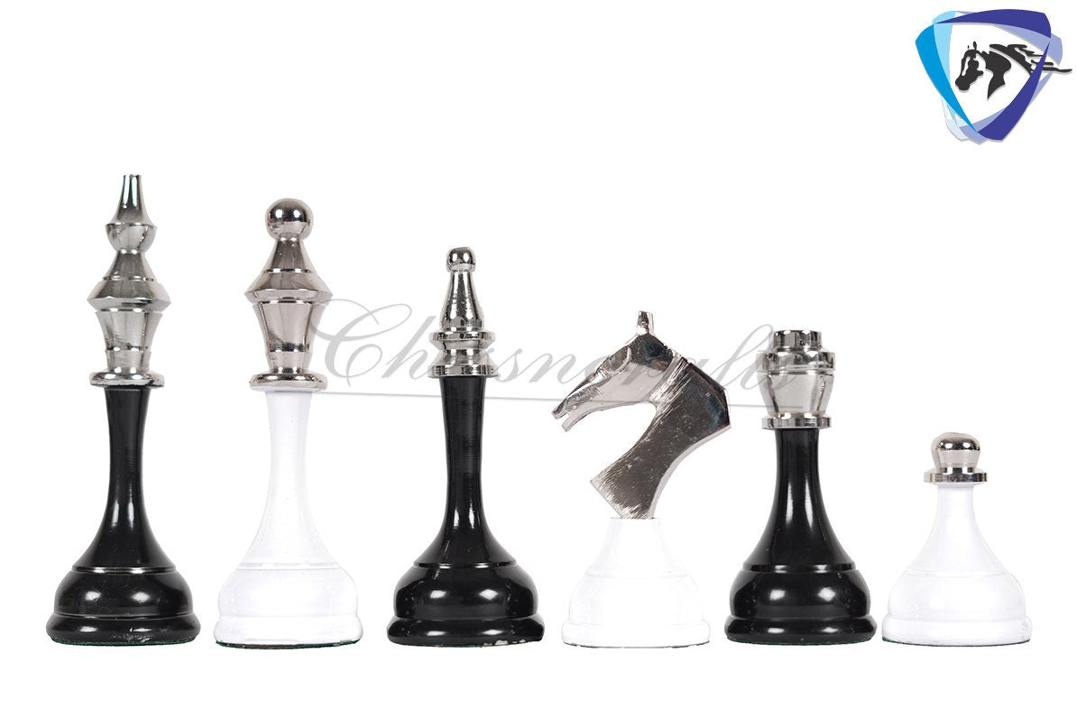 14" Brass Chess Board set- Modern Classic Hand carved- Soviet BLACK & WHITE EDITION chess pieces in velvet storage box - Chess Gift for Him