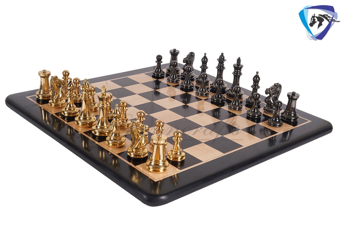 4" Brass Staunton chess pieces set BRIDLED Knight Gold & Black + 19" Ebonywood chess Board(sq:51mm)