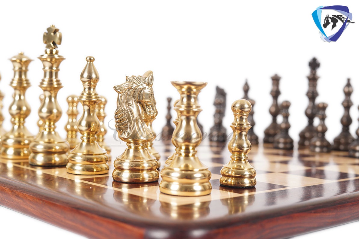 5" Brass Metal Chess Set Designer Spartan Collection - Gold & Antique Polish Brass Chess Pieces + 23" Rosewood(dark grain) Chess Board Combo