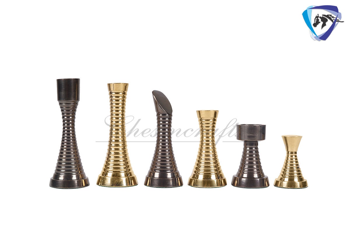 14" Solid Brass Metal Chess set- Slim Rings chess men Carved with velvet storage box - Vintage Collector antique set- Brass Chess board set.