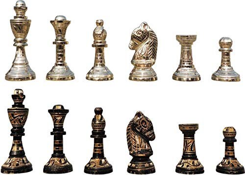 12" Brass Chess Board set- & Staunton Hand carved chess men with hand carved chess board in velvet storage box