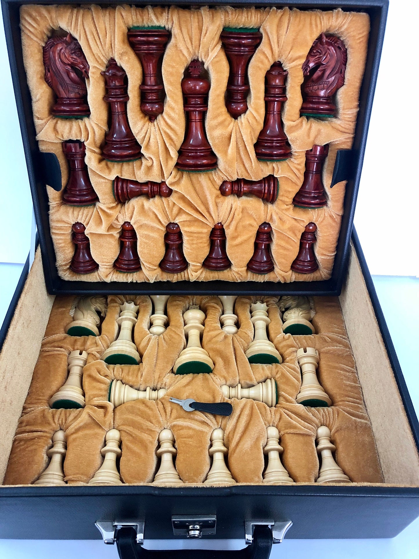 Leatherette Coffer Storage box for Chess Pieces of king Height: 3.75" to 4" and 4.0" to 4.5"- 2 Trays, Velvet lining & Lock w/ handle.