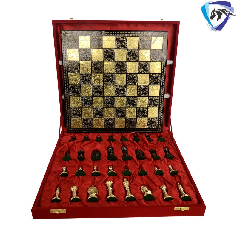 14" & 12" Brass Metal Chess Board Game Set Hand Carved With Brass chess pieces - Chess Board Set With Box-Velvet(Gold - Black)