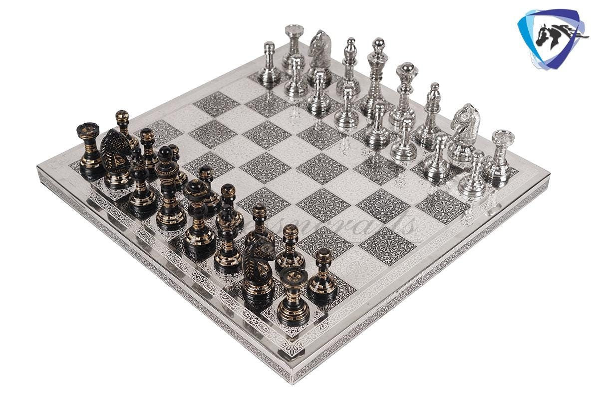 12" Brass Chess Board set- & Staunton Hand carved chess men with hand carved chess board in velvet storage box