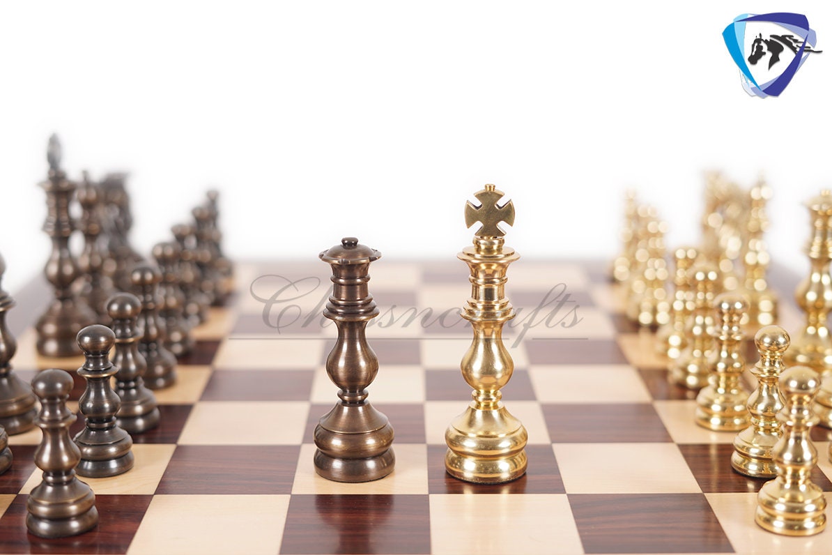 5" Brass Metal Chess Set Designer Spartan Collection - Gold & Antique Polish Brass Chess Pieces + 23" Rosewood(dark grain) Chess Board Combo