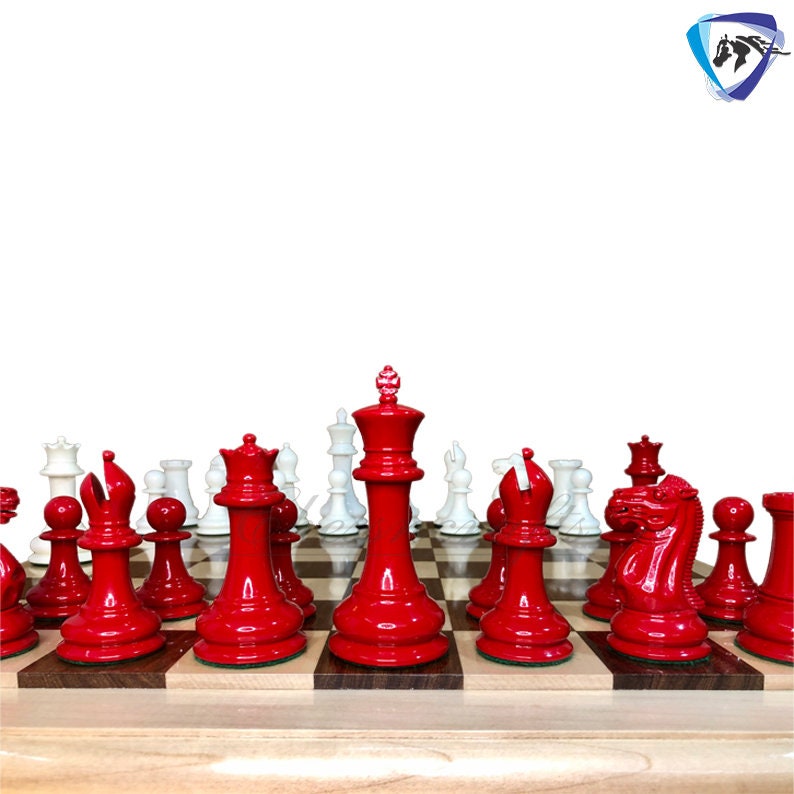COMBO of 1849 Reproduced Staunton chess pieces set King 4.5" Boxwood RED & WHITE Painted with 21" Rosewood Chess Board Exclusive design.