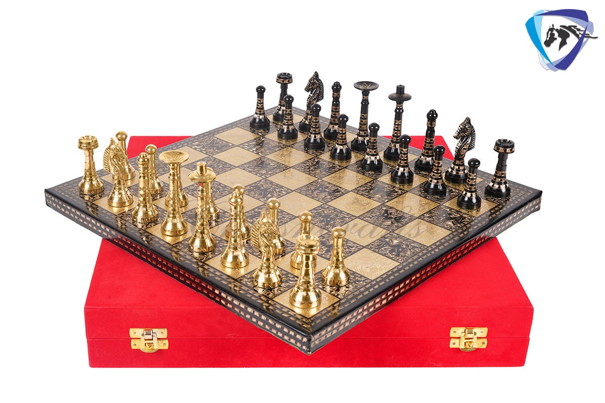 14" Solid Brass Metal Classic HUNGARIAN Hand carved Chess set- BLACK-GOLD Slim chess men Carving with velvet storage box Chess board set.