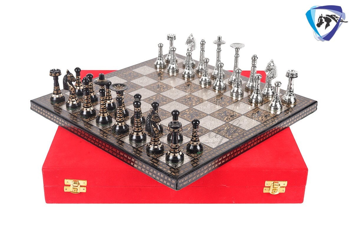 14" Solid Brass Metal Classic HUNGARIAN Hand carved Chess set- Slim chess men Carving with velvet storage box - Brass chess board set