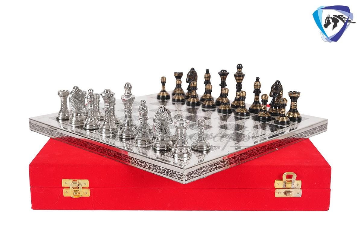 12" Brass Chess Board set- & Staunton Hand carved chess men with hand carved chess board in velvet storage box