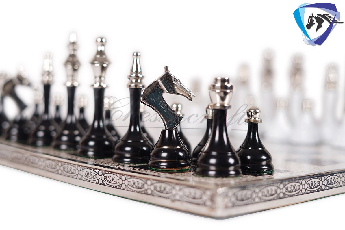 14" Brass Chess Board set- Modern Classic Hand carved- Soviet BLACK & WHITE EDITION chess pieces in velvet storage box - Chess Gift for Him