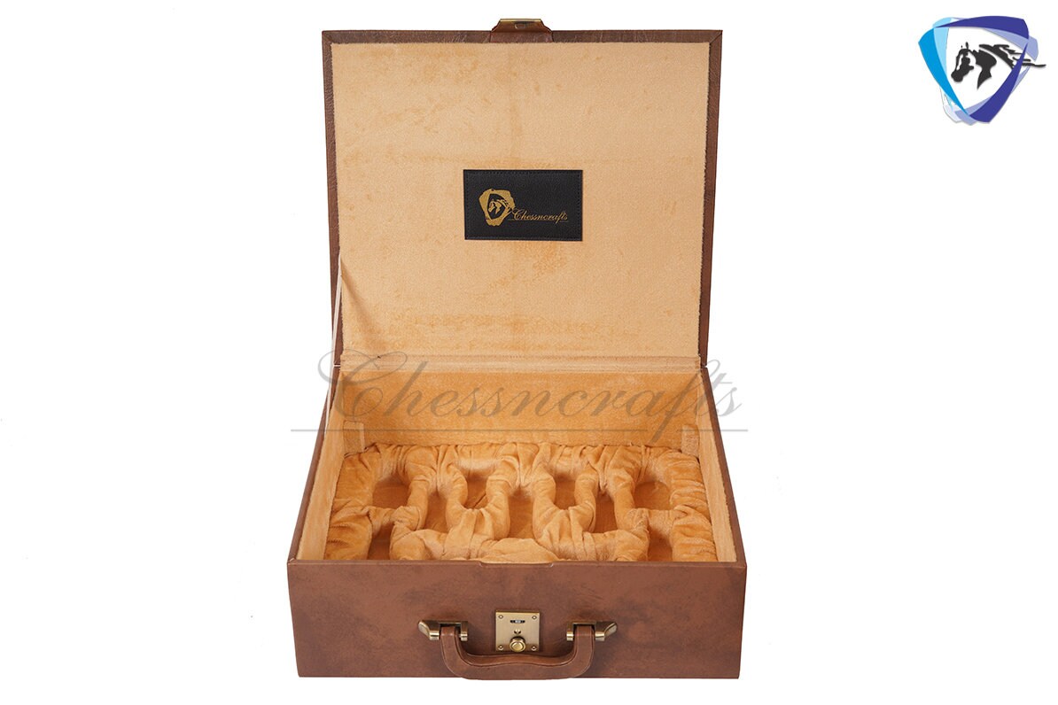 TAN BROWN Leatherette Coffer Storage box for Chess Pieces of king Height: 4.0" to 4.5"- 2 Trays, Velvet lining & Lock w/ handle.