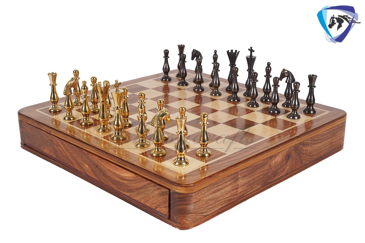 16" Brass Chess Board Set CLASSICAL Chess Pieces Black-gold and Rosewood Chess board with Storage drawer | Chess Gift /CHRISTMAS