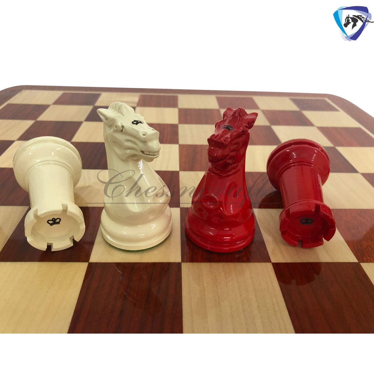 combo of 1849 Reproduced Staunton chess set 4.5" painted with Bud rosewood chess board 19" lacquered