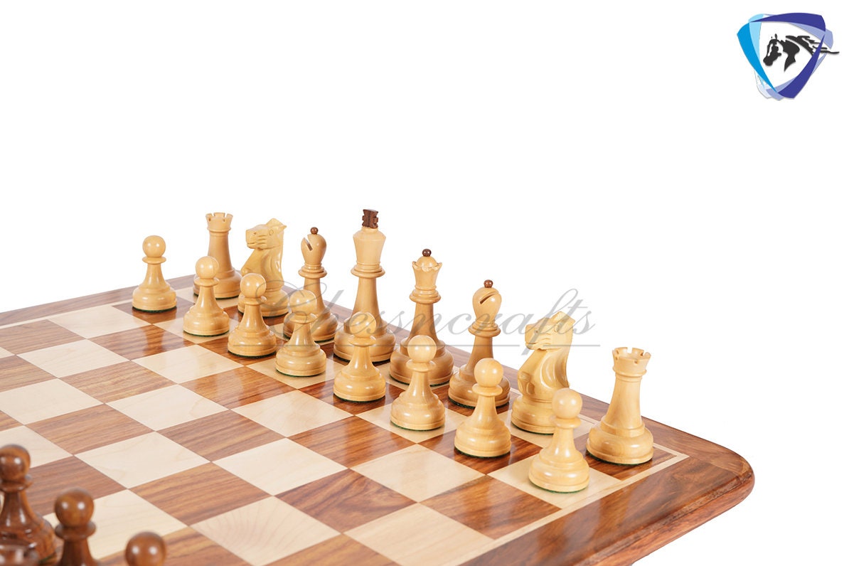 COMBO 3.75" Chess Pieces Set Soviet Grandmaster Supreme Golden Rosewood & Boxwood + 19"(51mm) Golden Rosewood Chess Board - Chess Board Set