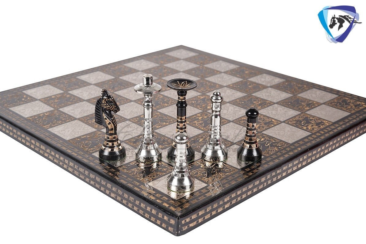 14" Solid Brass Metal Classic HUNGARIAN Hand carved Chess set- Slim chess men Carving with velvet storage box - Brass chess board set