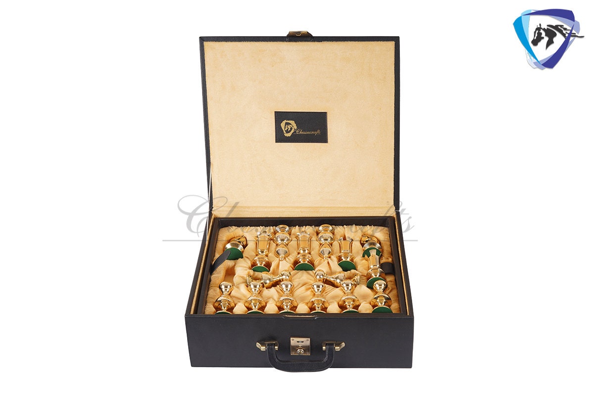 6" Brass Chess pieces set Big size Gold & black VICTORIAN series + 23" Ebonywood chess Board(sq: 60mm) + Leather Storage Box for chess men