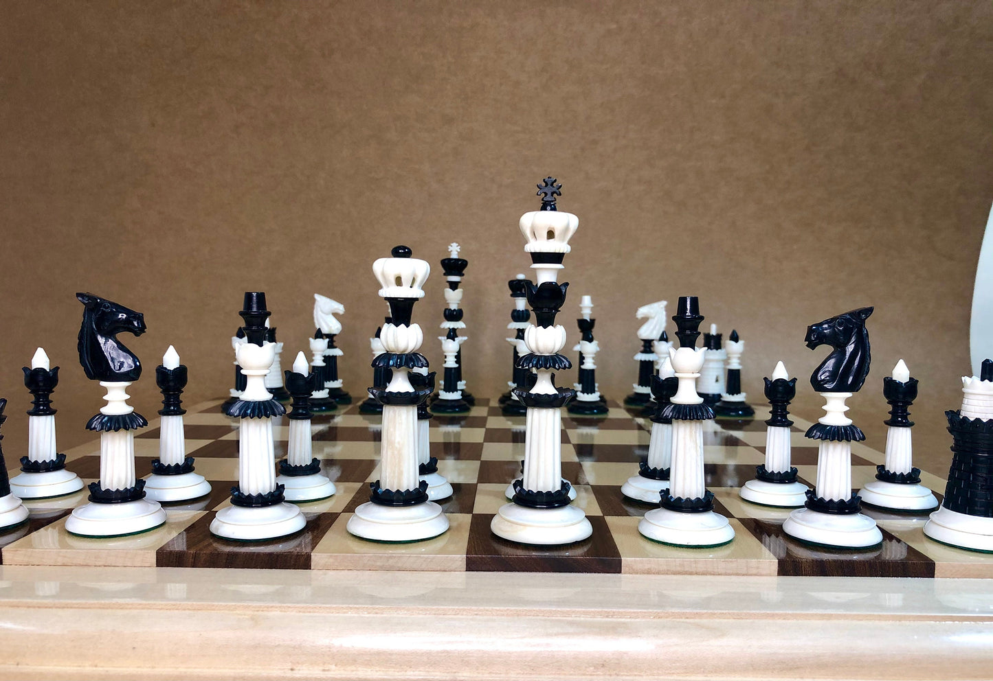 COMBO 6" Camel bone chess set hand carved unique collector vintage chess pieces- LUXURY FLOWER Chess Pieces Set + 21" Maplewood Chess Board.