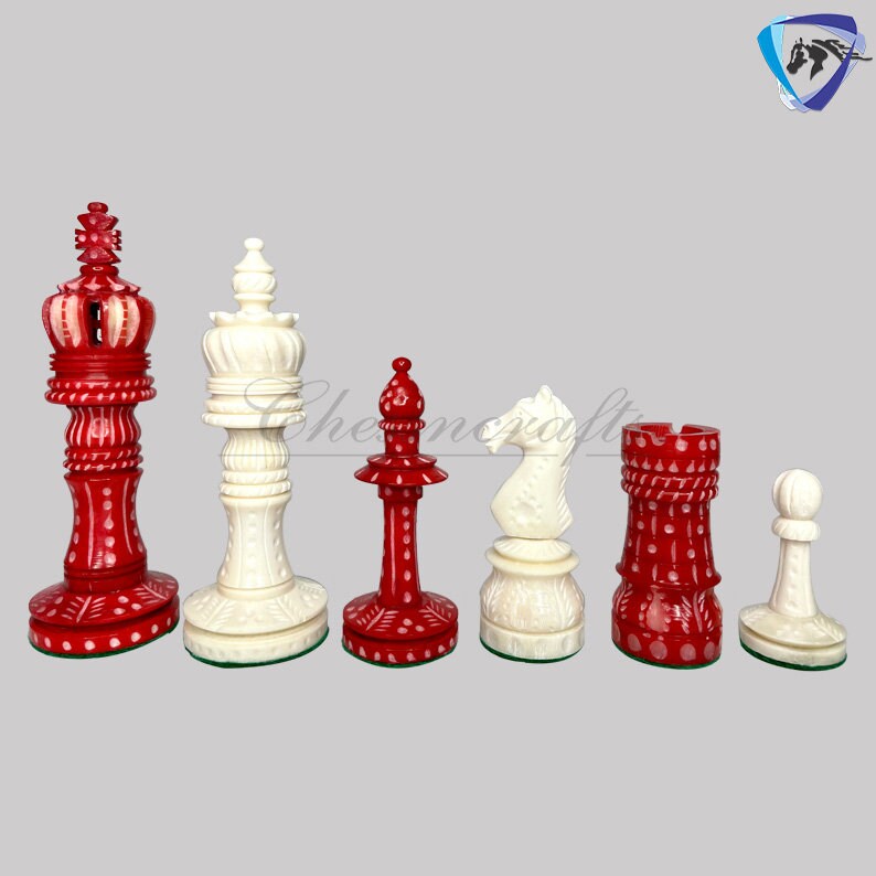Combo of 16" INLAY ART WORK Wooden folding chess board and 4" Camel Bone Chess pieces Set Red & White