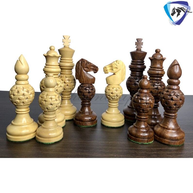 5" wooden Chess pieces Set INDIAN ARTISTIC Golden rosewood- MESH ball designing.