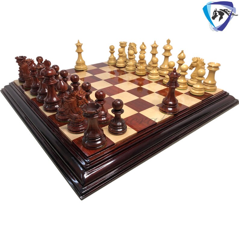4.5" Luxury Staunton Chess Pieces Set in Bud Rose wood & Boxwood- WELLINGTON + 21" Bud Rosewood Chess Board + Leatherette Storage Box
