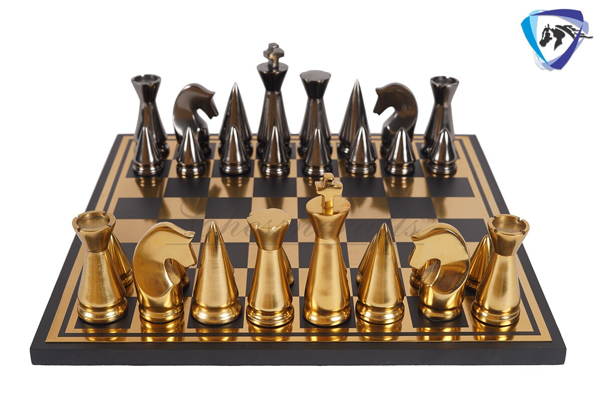 14" ART DECO Metal Chess Board Set designer King 4" Chess pieces with Chess board Modern Home Decor, Chess Gift-Leather Box