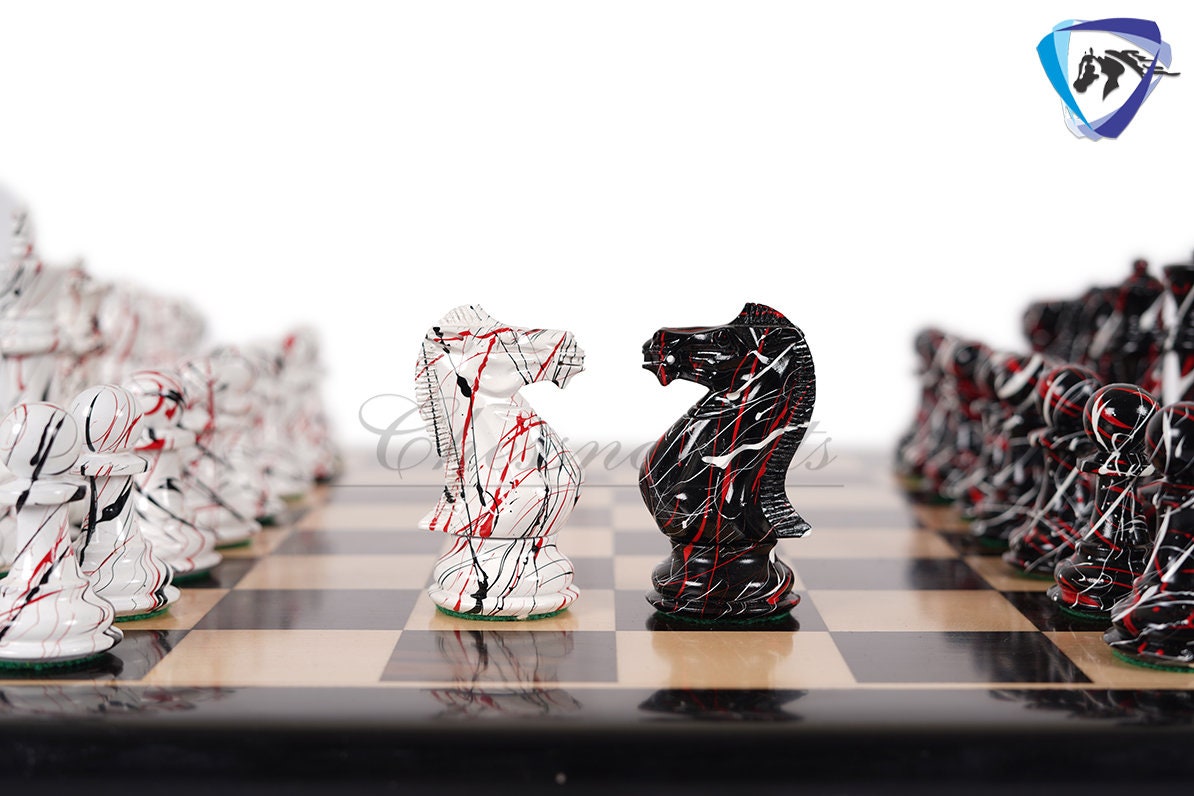4.1" Wooden chess piece set - MODERN STREET ART Painted Staunton chess pieces Weighted-extra queens + 51mm Ebonywood Chess Board+Storage box