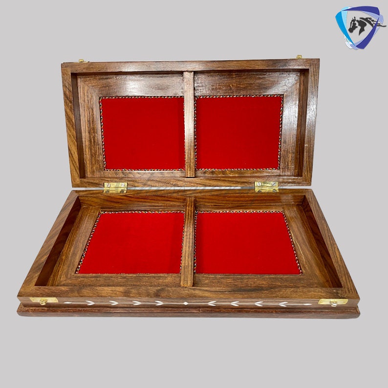 Combo of 16" INLAY ART WORK Wooden folding chess board and 4" Camel Bone Chess pieces Set Red & White