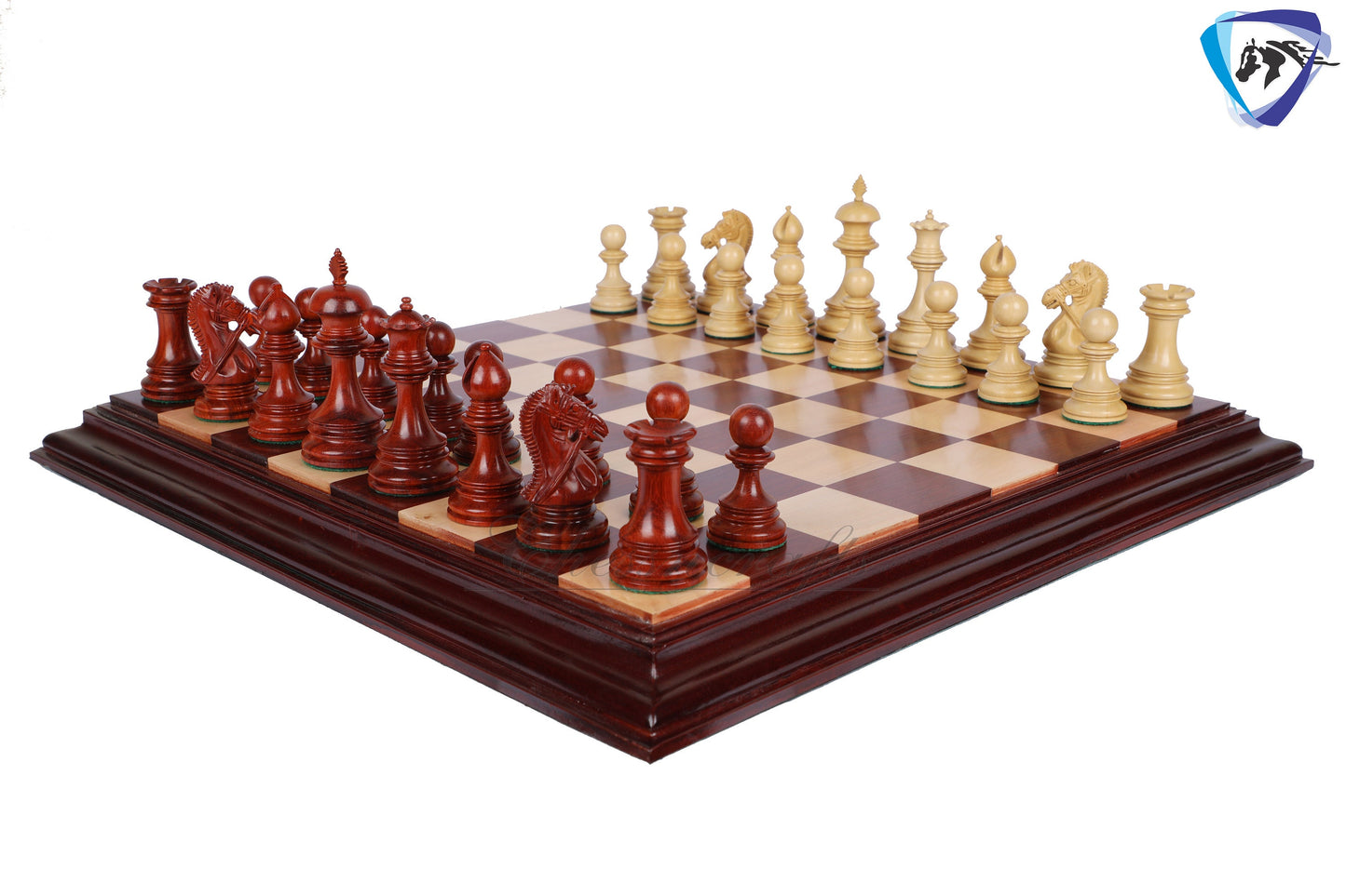 Wooden Staunton Chess Set-King: 4.5" Bud Rose wood -BRIDLED + 21" Bud Rose wood Chess board STEP BORDER with Storage Box.