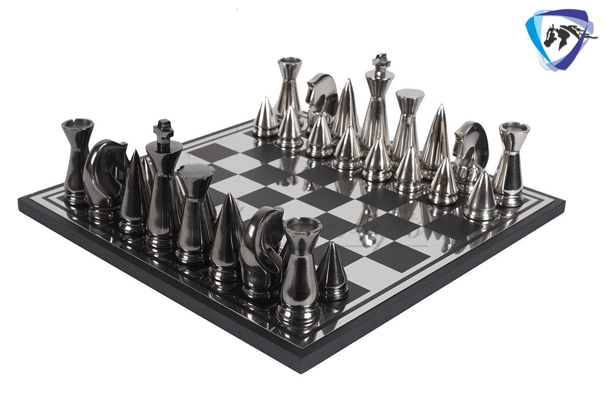 Luxury metal chess Board set Black-silver polish- chess Gift-Chess set for Home Decor - 14" Chess board set with Leatherette storage box
