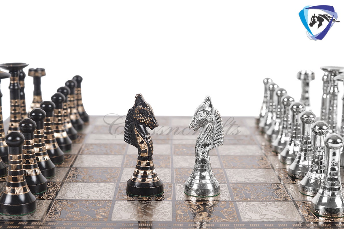 14" Solid Brass Metal Classic HUNGARIAN Hand carved Chess set- Slim chess men Carving with velvet storage box - Brass chess board set