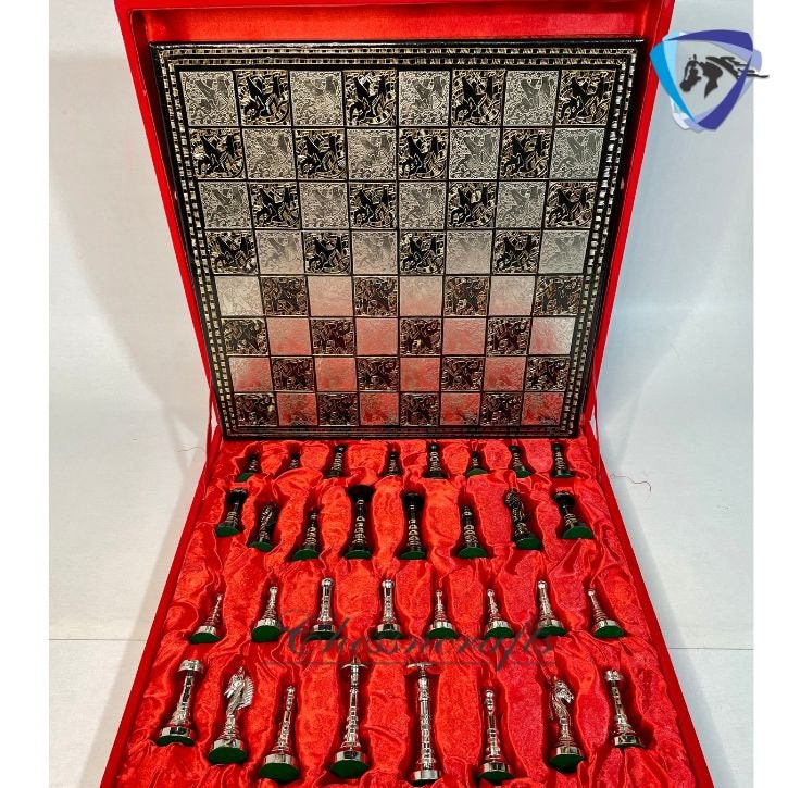 14" Solid Brass Metal Classic HUNGARIAN Hand carved Chess set- Slim chess men Carving with velvet storage box - Brass chess board set