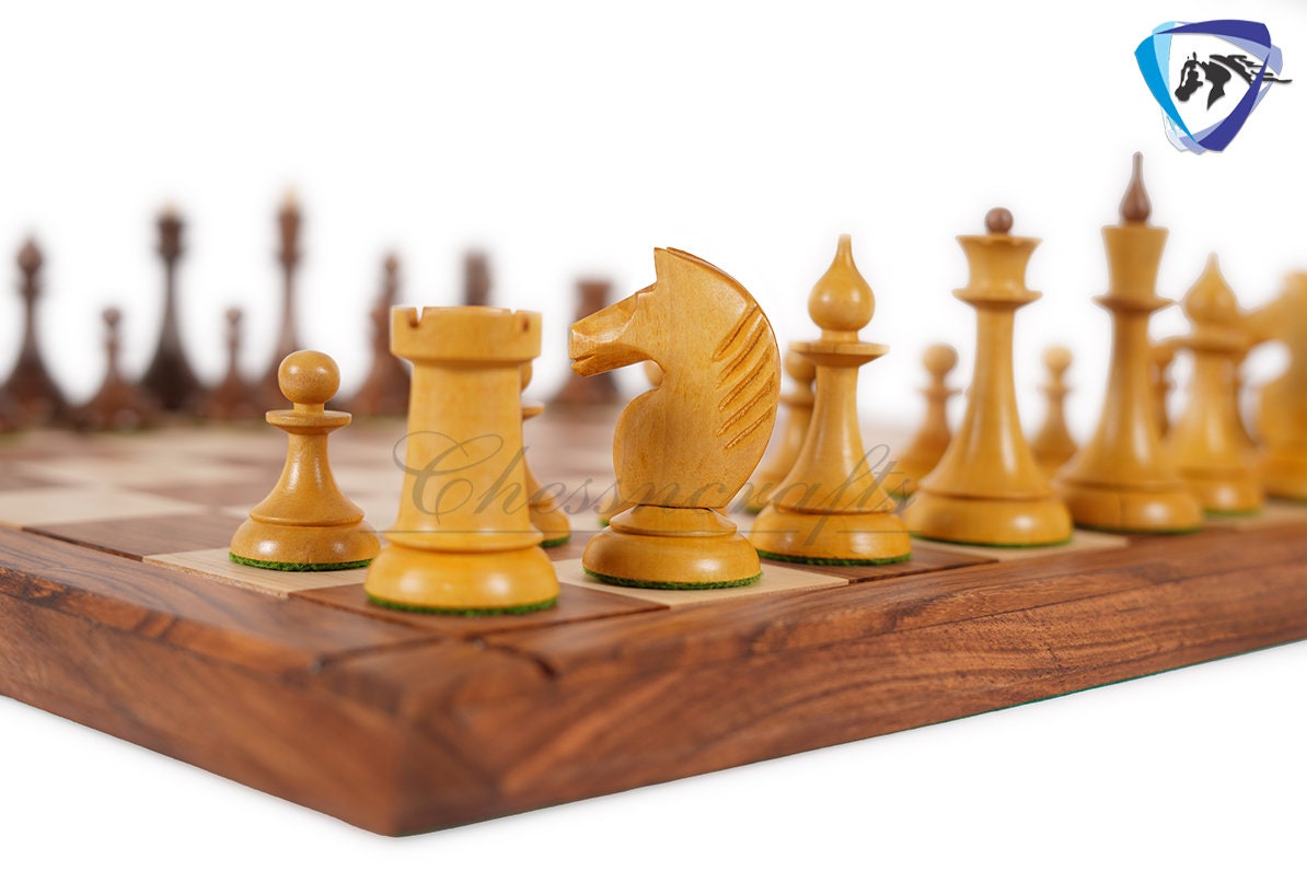 Soviet(Russian) Latvian Chess Pieces Set-1950 in Golden Rosewood Reproduction chess pieces + 21" Drueke Chess Board Sheeshamwood