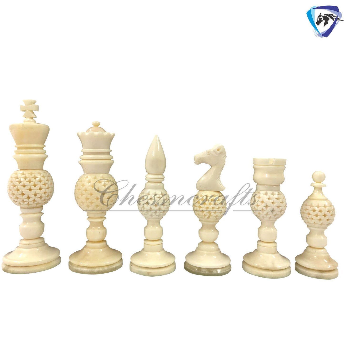 Bone chess pieces set king 4.1" hand carved camel bone chess set MESH BALL DESIGN