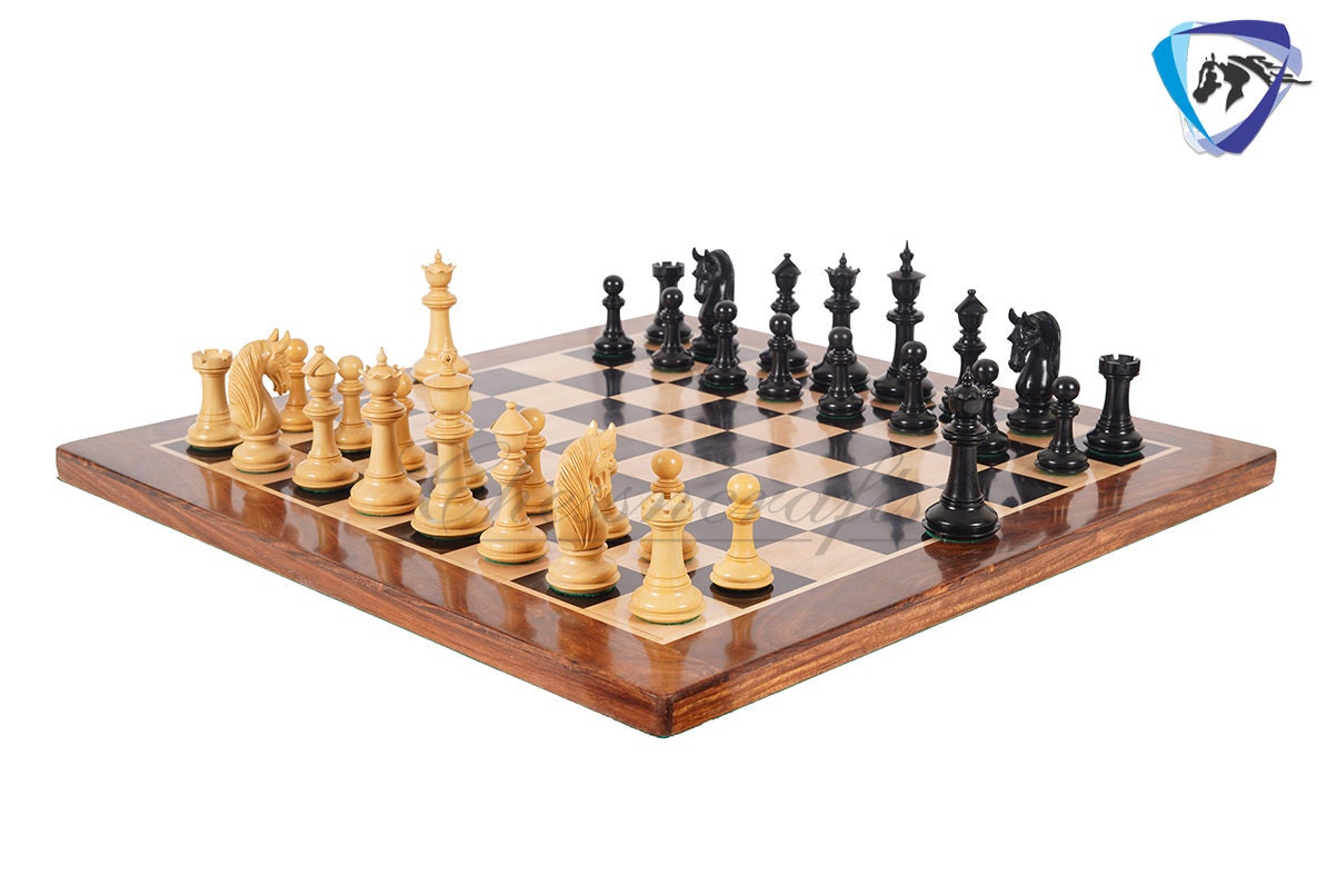 4.5" Staunton Ebonywood Chess Pieces Set "BLACKBURNE" Joseph Henry Triple Weighted 2 Extra queens + 21" Ebonywood Chess Board + Storage Box