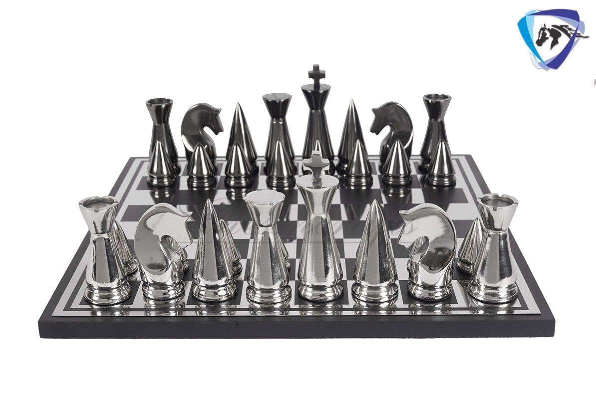 Luxury metal chess Board set Black-silver polish- chess Gift-Chess set for Home Decor - 14" Chess board set with Leatherette storage box