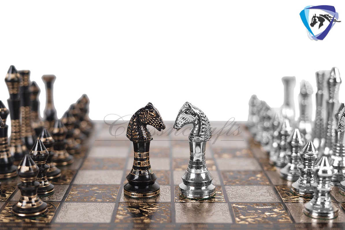 14" Solid Brass Metal Classic CONTEMPORARY Hand carved Chess set- Slim chess men Carving with velvet storage box - Brass chess board set