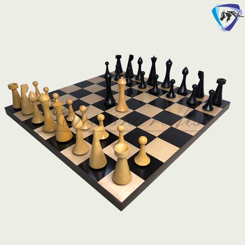 Reproduced Hermann Ohme Minimalist Modern Mid Century Chess Pieces in Ebonized Boxwood-King 3.75"- Weighted chess coins