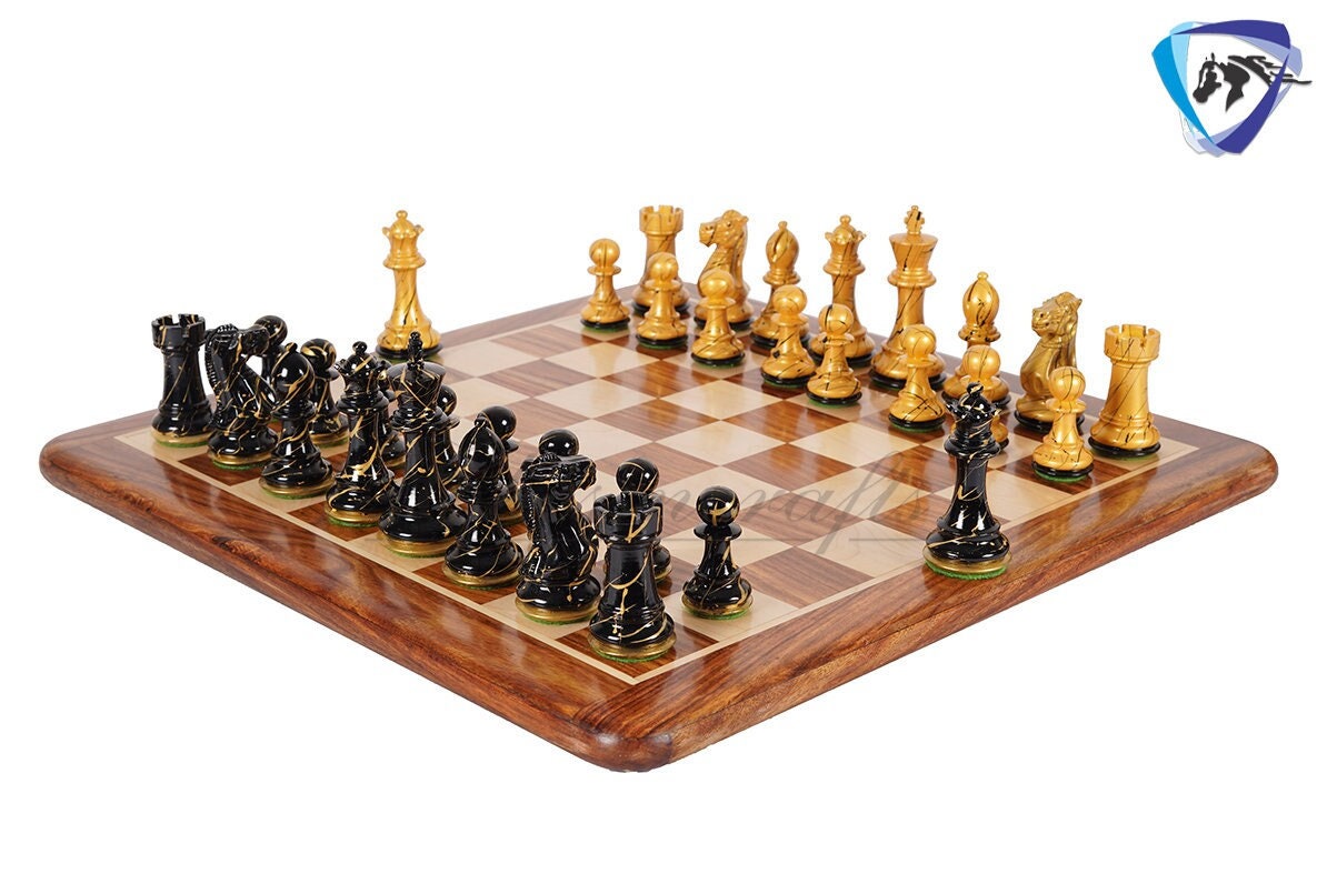 4" Wooden Staunton Chess set - STREET ART Painted chess pieces Black & Gold Weighted- extra queens + 19" Golden rosewood Chess Board COMBO