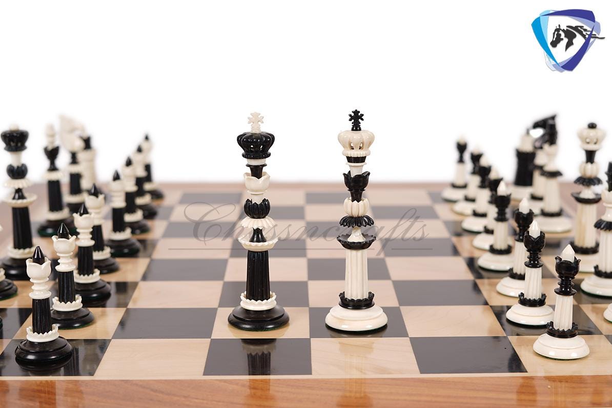 6" Camel bone chess pieces set Black & White Hand carved unique collector chess set- Intricate design with minute detailing.