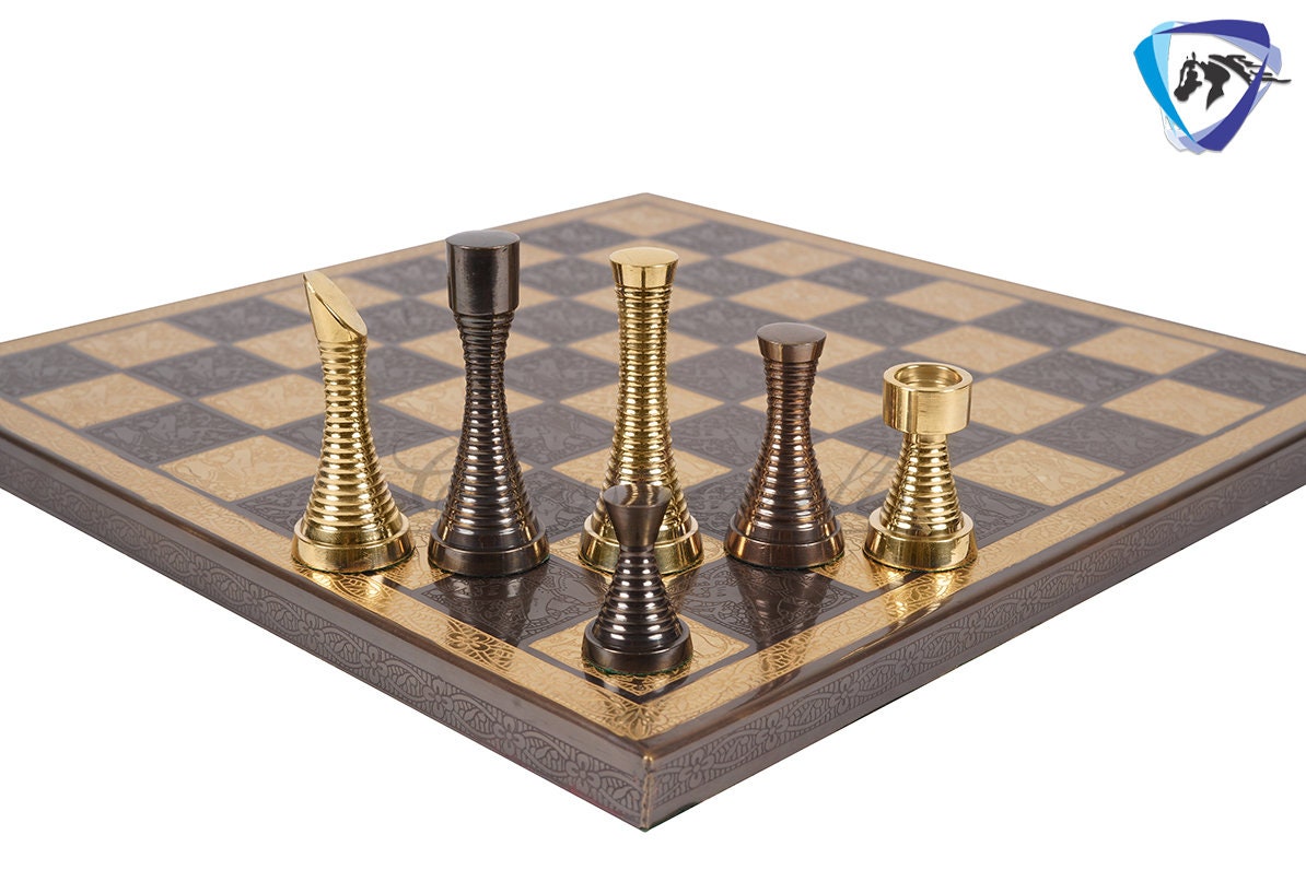 14" Solid Brass Metal Chess set- Slim Rings chess men Carved with velvet storage box - Vintage Collector antique set- Brass Chess board set.