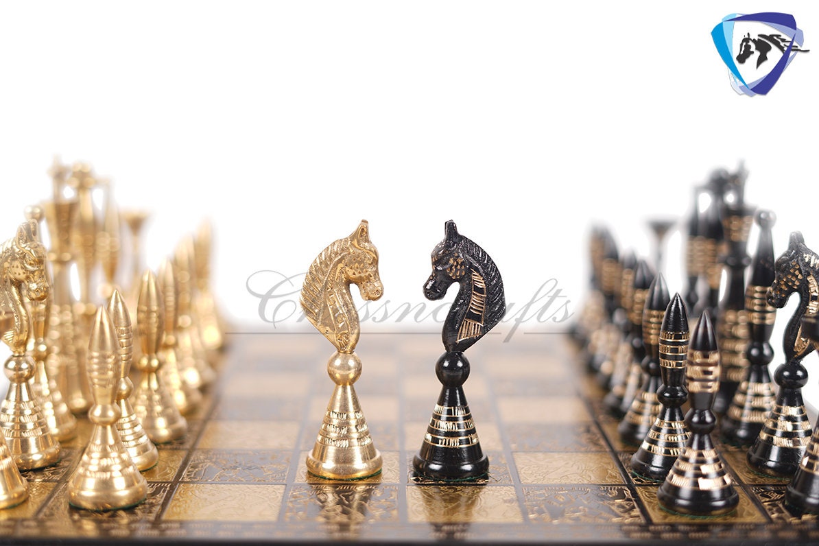 12" Solid Brass Metal Hand carved Chess set- Minar (Tower) chess men Carving with velvet storage box - Vintage Collector antique series