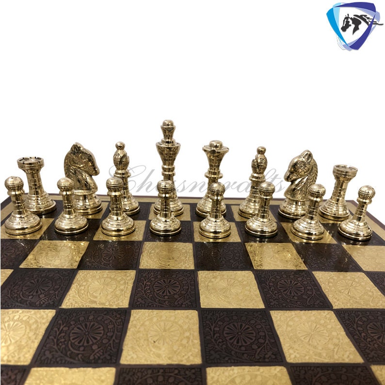 Solid Brass carving classic Chess set- 100% brass Slim chess men hand carved with velvet storage box
