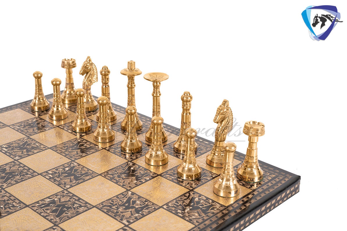 14" Solid Brass Metal Classic HUNGARIAN Hand carved Chess set- BLACK-GOLD Slim chess men Carving with velvet storage box Chess board set.