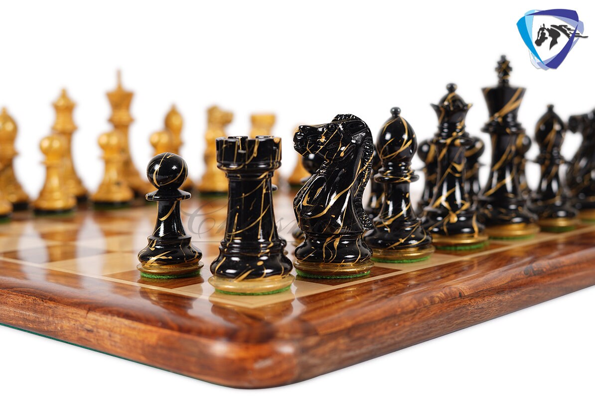 4" Wooden Staunton Chess set - STREET ART Painted chess pieces Black & Gold Weighted- extra queens + 19" Golden rosewood Chess Board COMBO